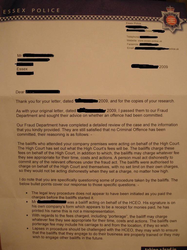 Police letter siding with bailiff